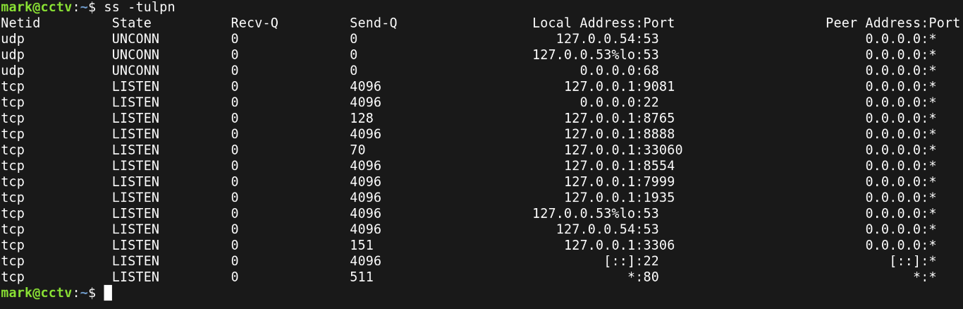Listing all the listening ports in the CCTV server