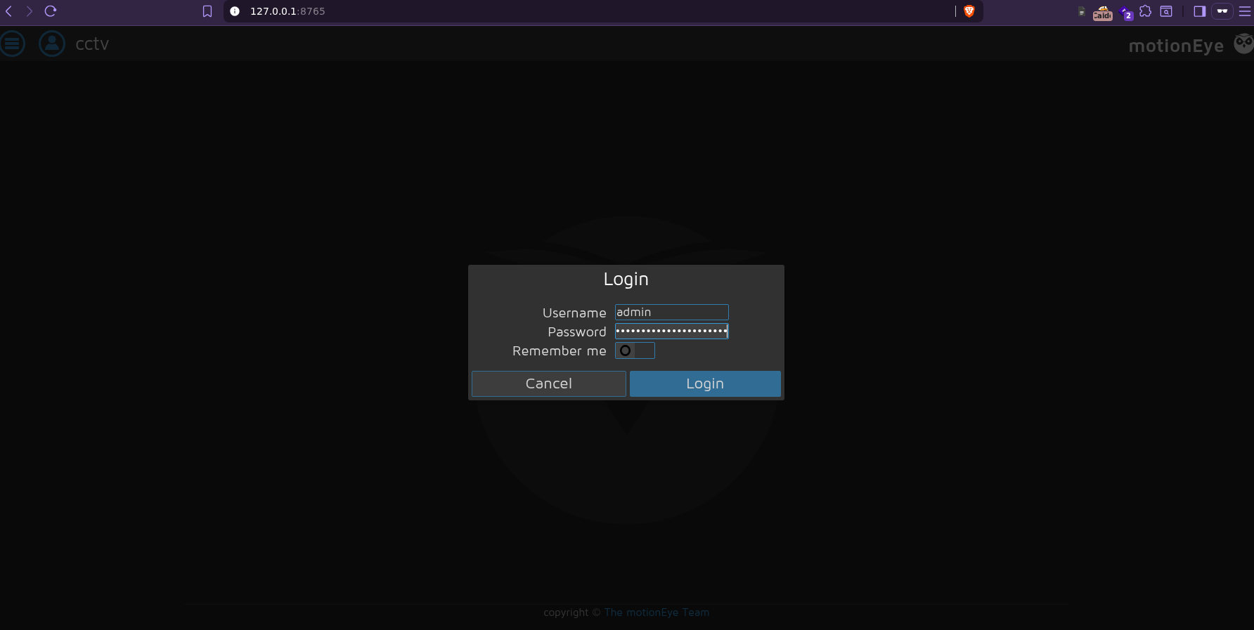 Accessing with the admin credentials through the MotionEye login panel