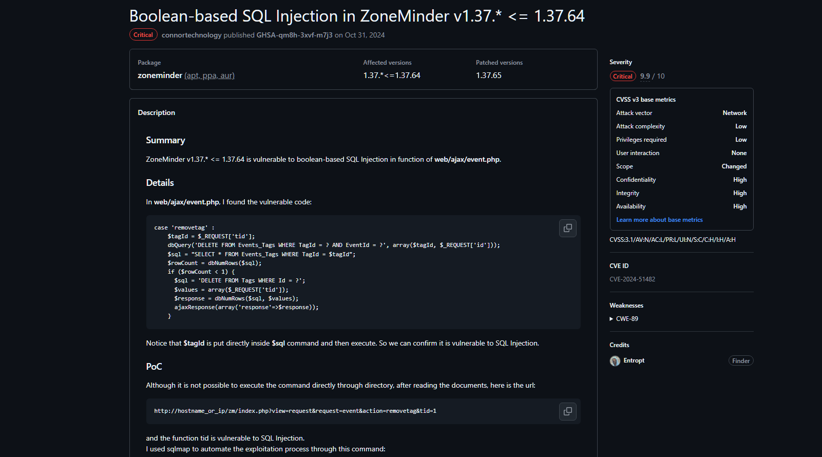 ZoneMinder Boolean-based SQL Injection