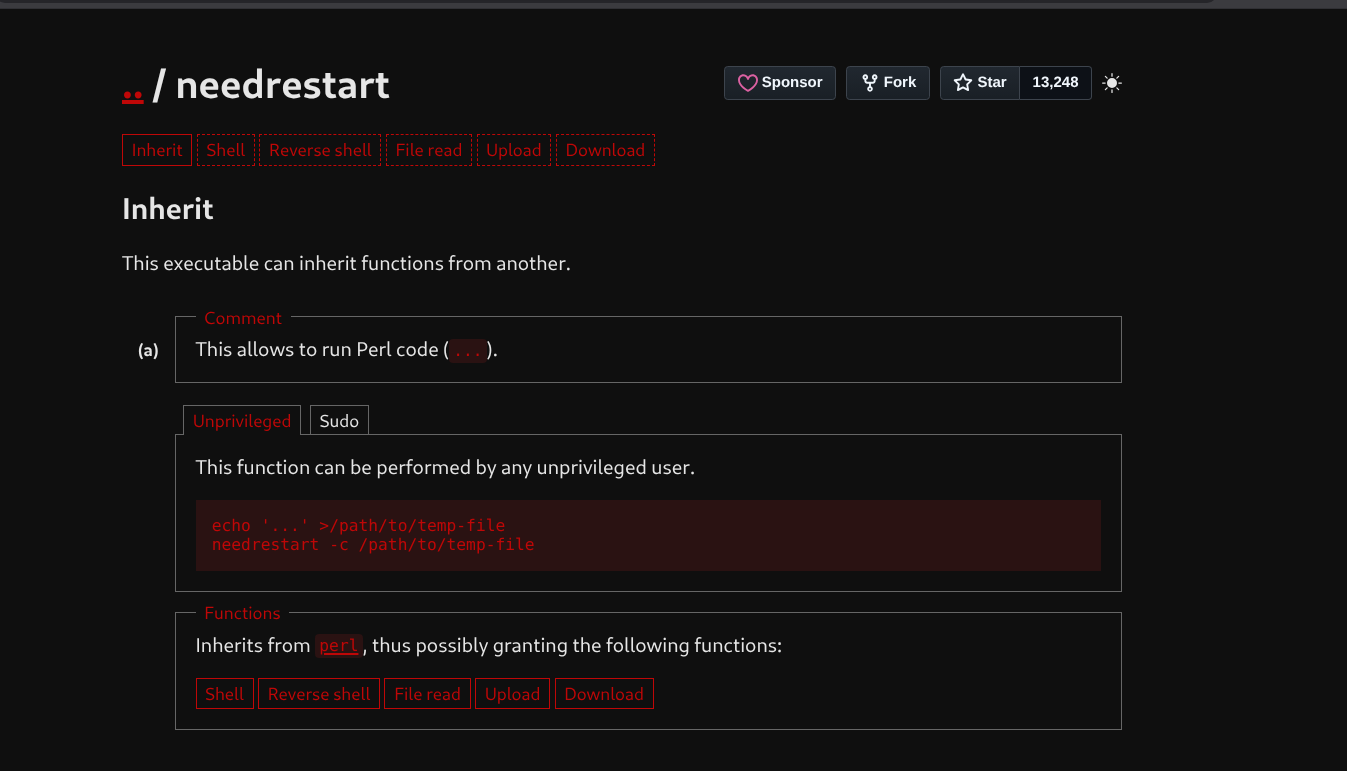 Indications to abuse the binary needrestart, from “GTFObins”