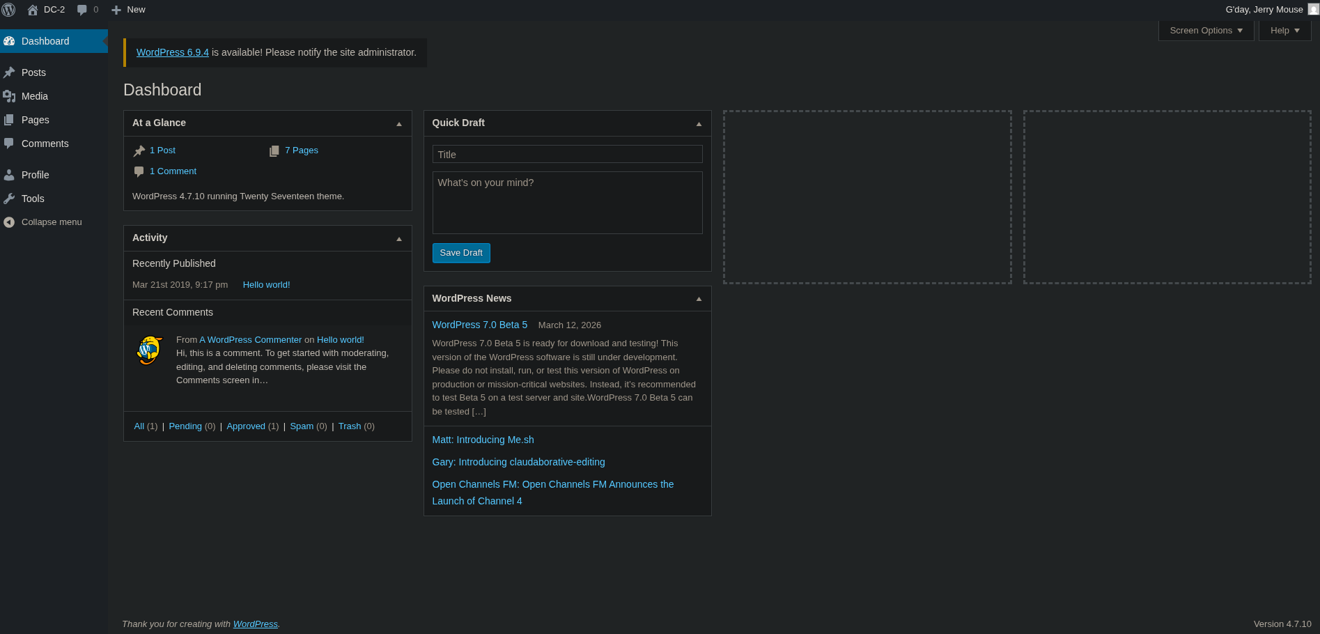 WordPress administration panel successful access