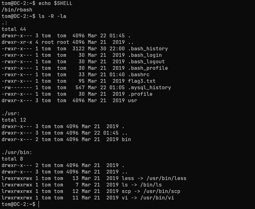 Verification of rbash and listing our commands