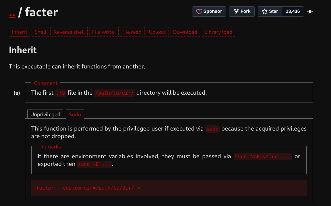 GTFOBins page about the facter binary